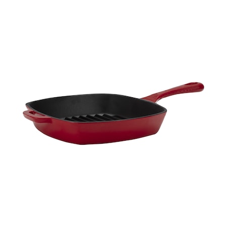 Bon Chef Cast Iron Grill Pan With Red Enamel Coating Outside & Mat Black Enamel Coating Inside 5113